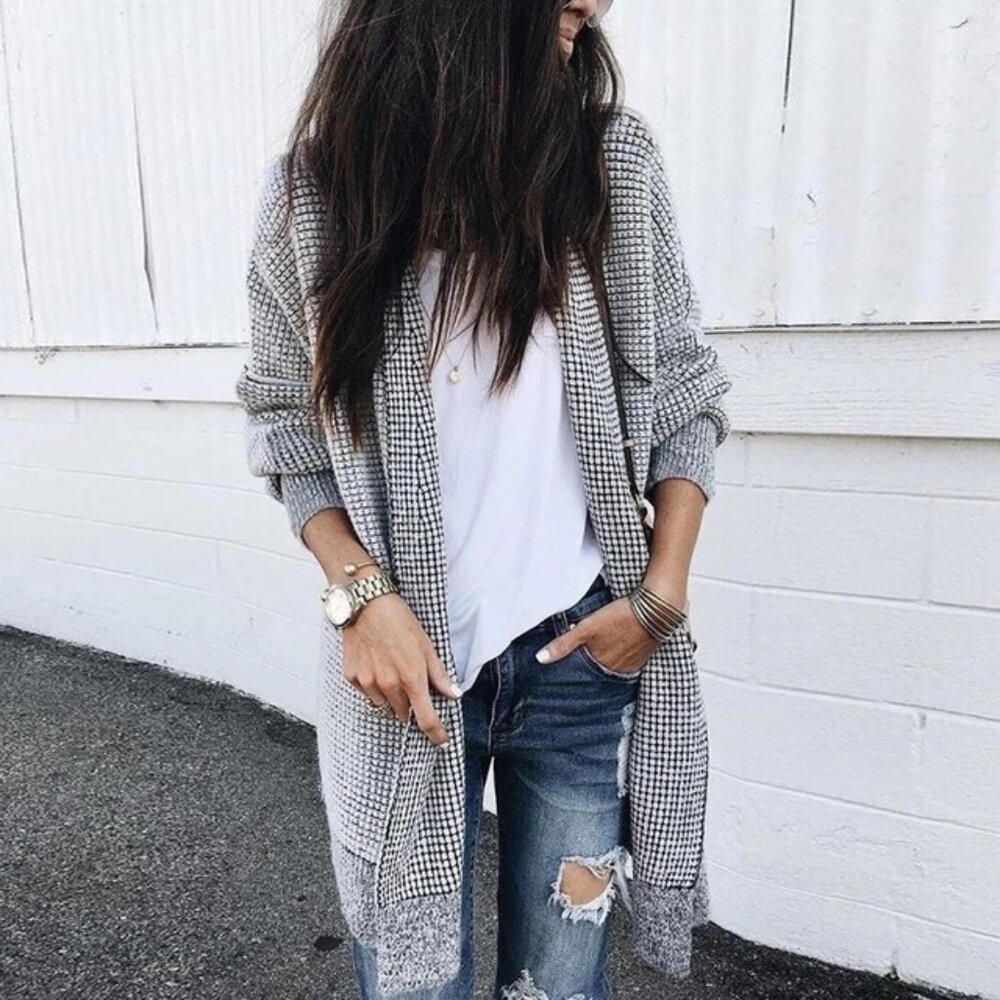 She and Sho Womens Checkered Oversized Cardigan Sweater Coat Black White size S